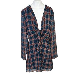 Wild Honey Womens Plaid Tie Front Mini Dress Size Medium Long Sleeve Sheer